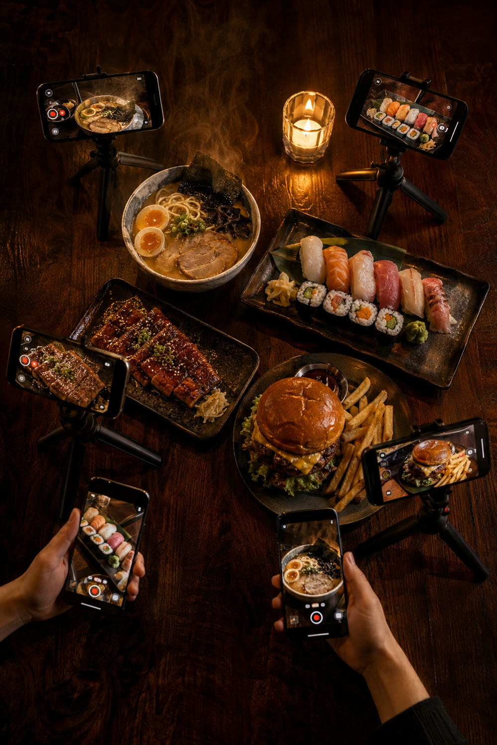 Overhead view of a restaurant table where several phones on tripods film ramen, sushi, eel and a burger