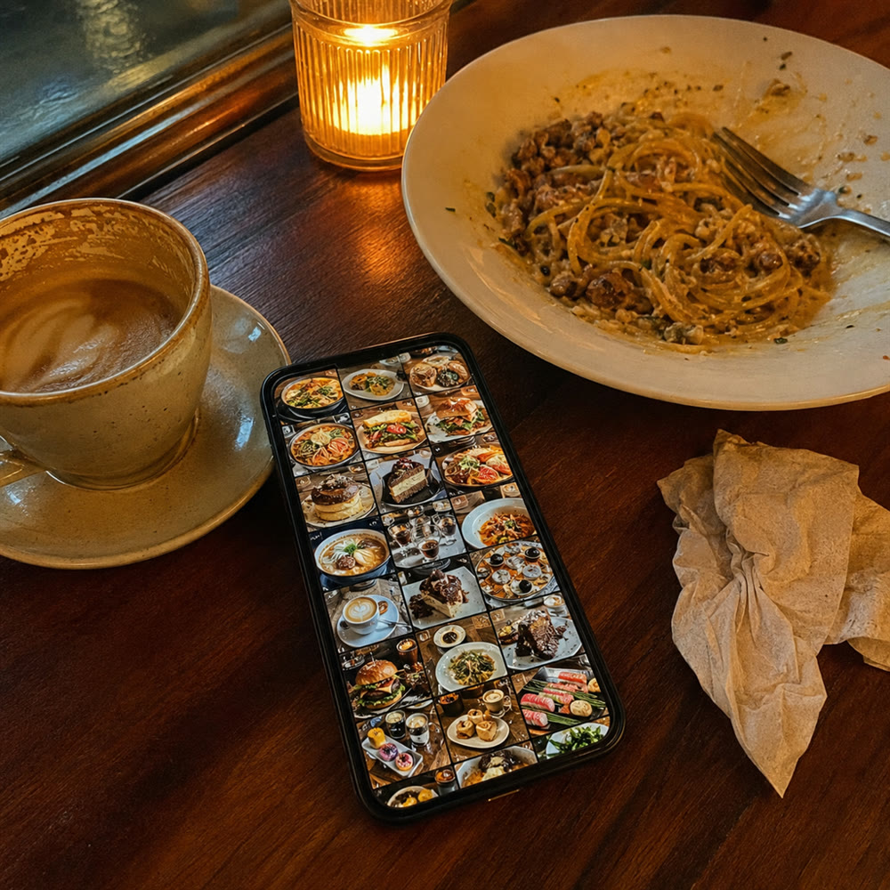 A phone on a cafe table showing a camera roll full of food photos, next to a half-finished plate of pasta and a coffee